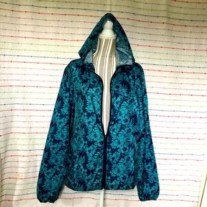 Lightweight packable graphic hibiscus print rain jacket & windbreaker